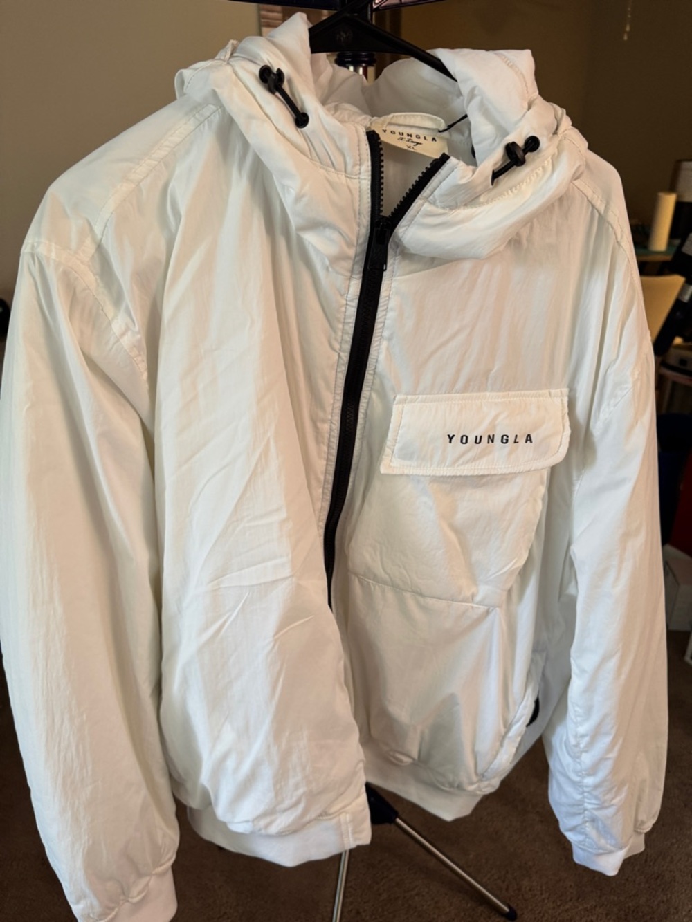 YoungLA White Hooded Jacket with Black Zip Accents